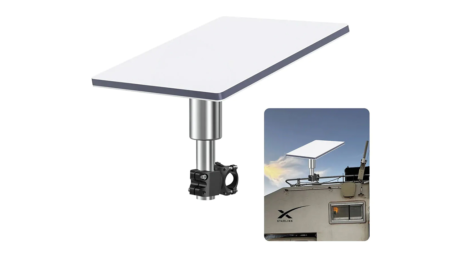 A white Starlink Mini dish clamped on a vehicle railing