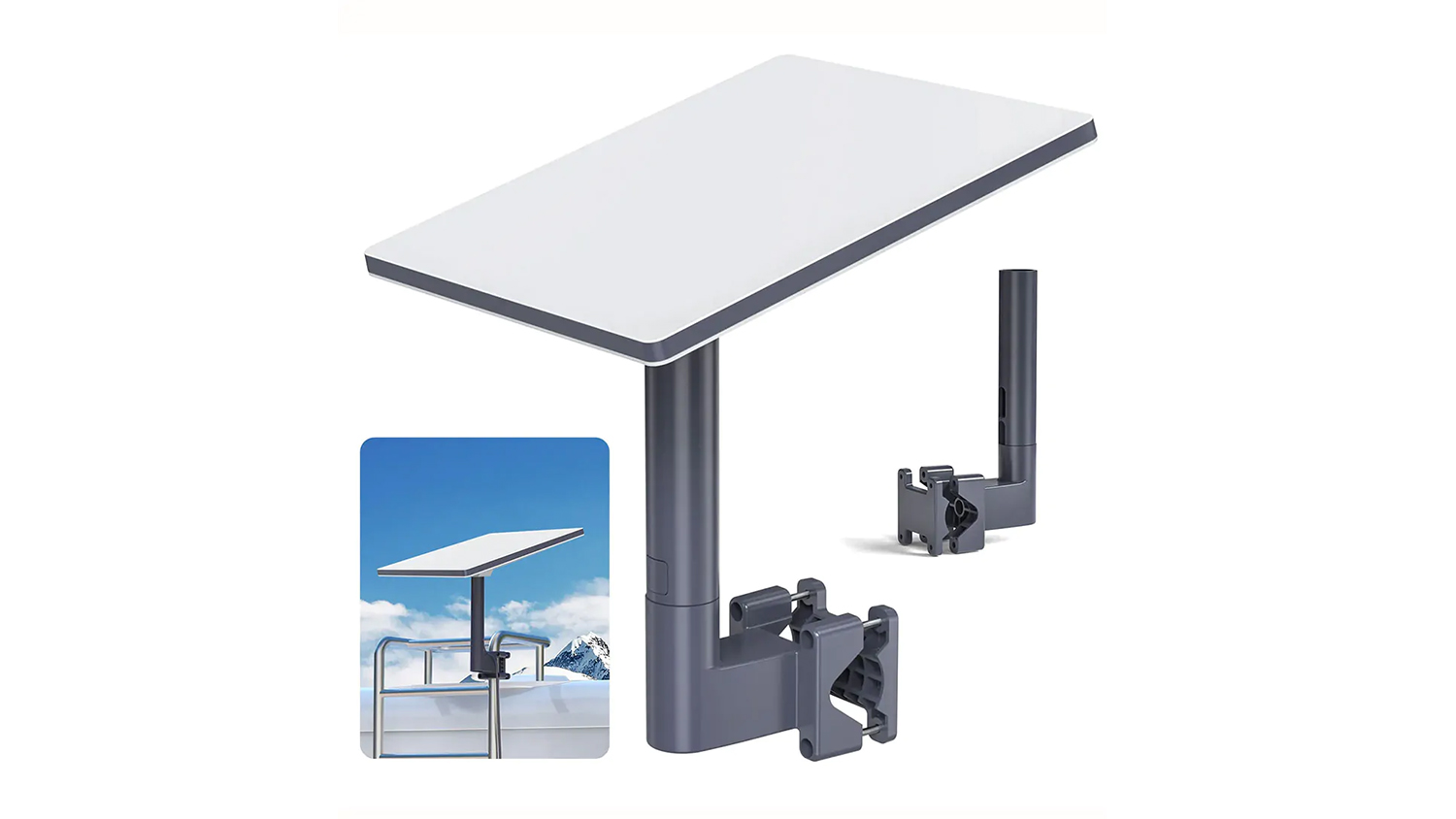 A white Starlink Mini dish clamped on a vehicle railing