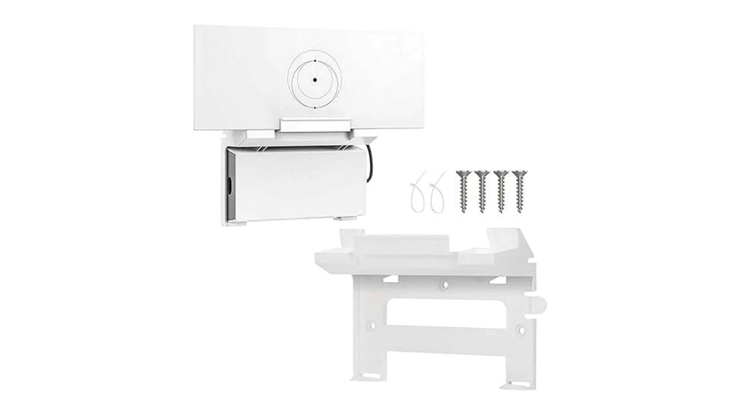 A white wall-mounted cable management box with a front-opening, includes screws, zip ties, and a mounting bracket