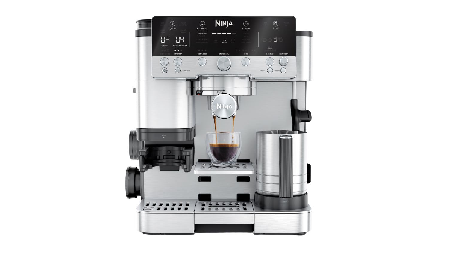 A front view of the ninja luxe cafe premier manual espresso machine