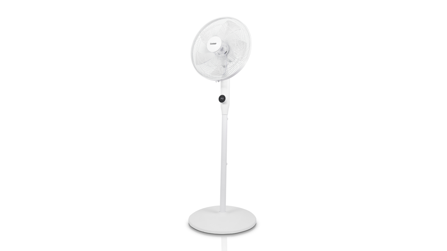 A front view of a goldair whisper quiet pedestal fan