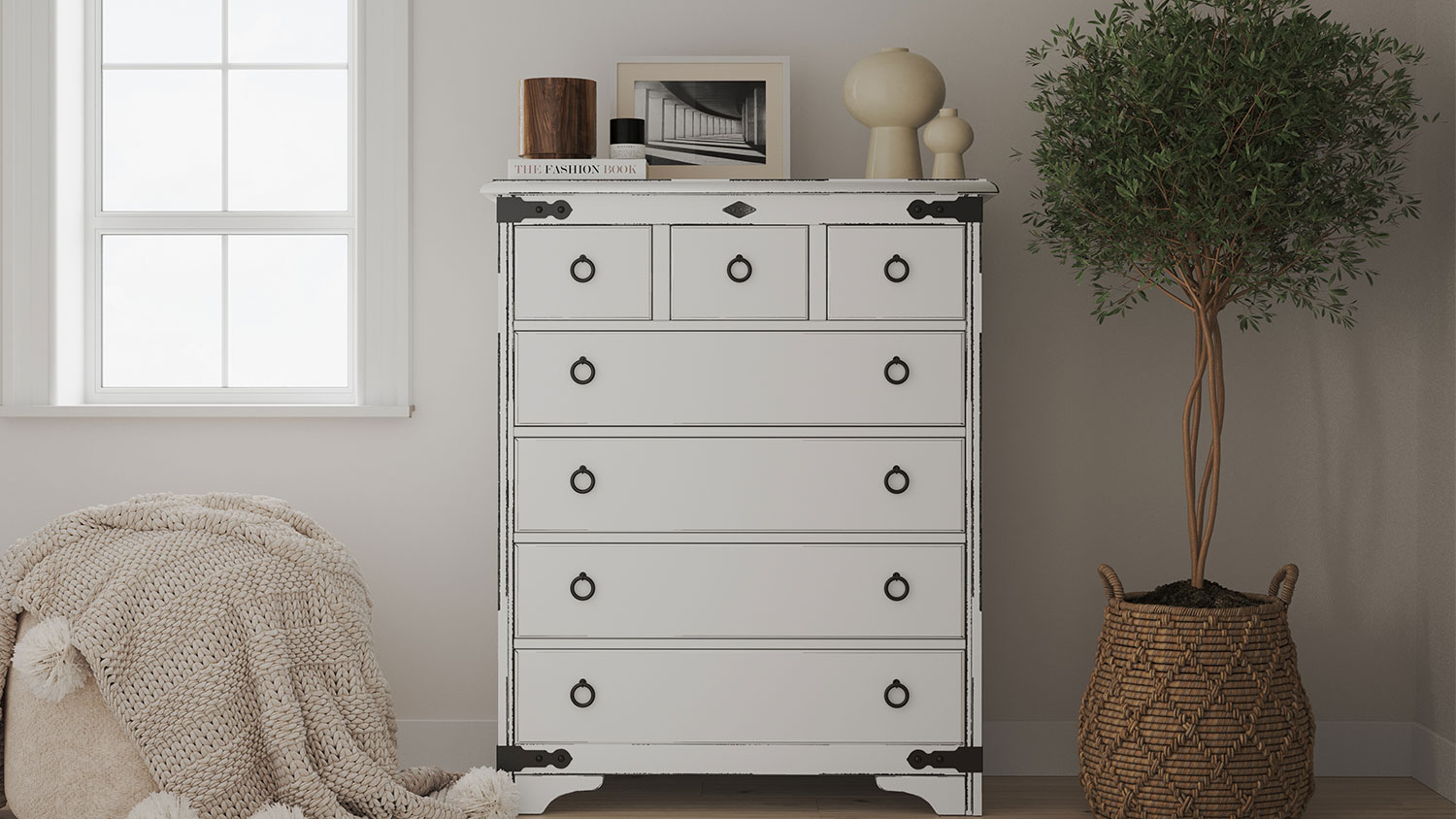 Nordic 7 Drawer Scotch Chest, NZ-made bedroom drawers crafted from NZ pine, stylish and durable wooded furniture – Aged White Paint