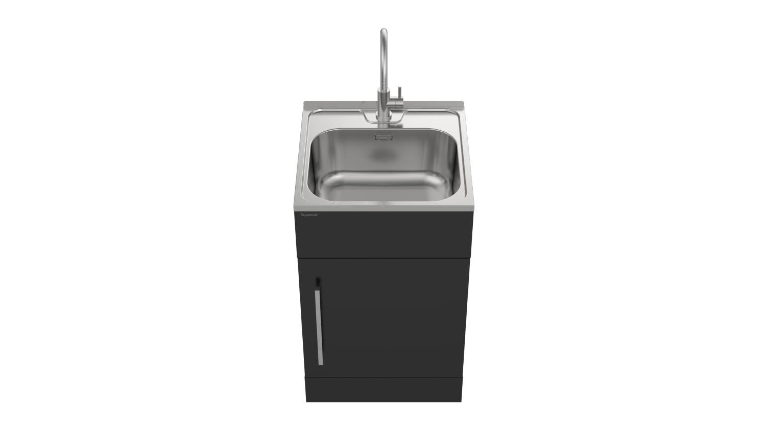 Top-down view of a black Robinhood Supertub Standard Laundry Tub with a stainless steel sink and faucet