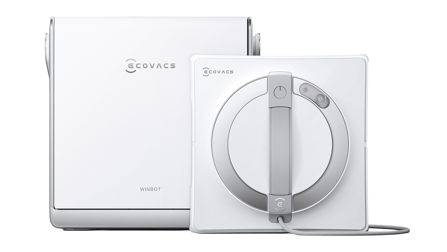 Front view of the Ecovacs Winbot W2 Pro OMNI with included station