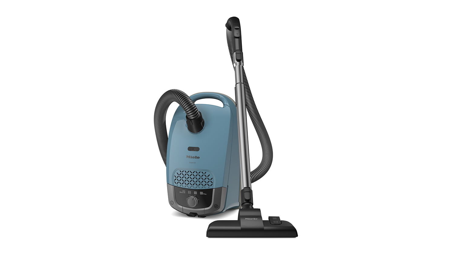 Nordic Blue Miele Guard S1 Vacuum Cleaner standing upright with flexible hose and floor nozzle attached