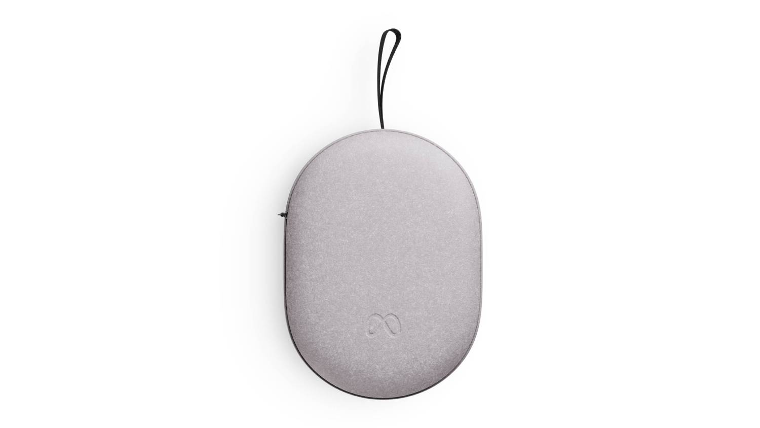 Grey oval Meta Quest carrying case with black handle and embossed Meta logo on front