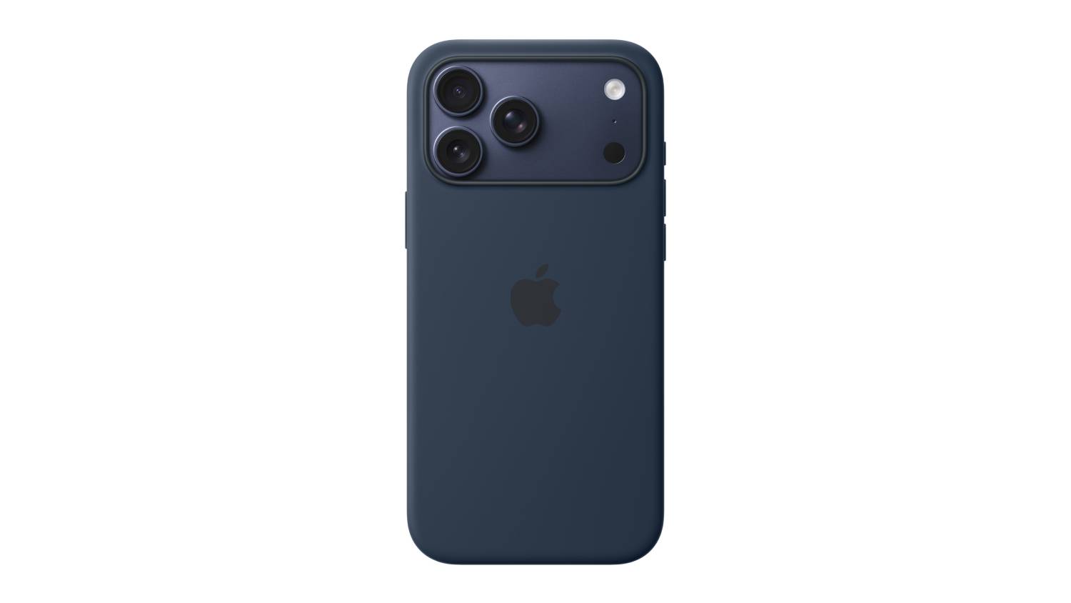Back view of a midnight Apple Silicone Case with MagSafe featuring a deep blue iPhone 17 Pro Max