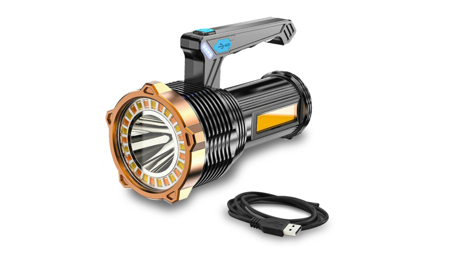 Rechargeable black flashlight with gold rim, side handle, and a USB charging cable