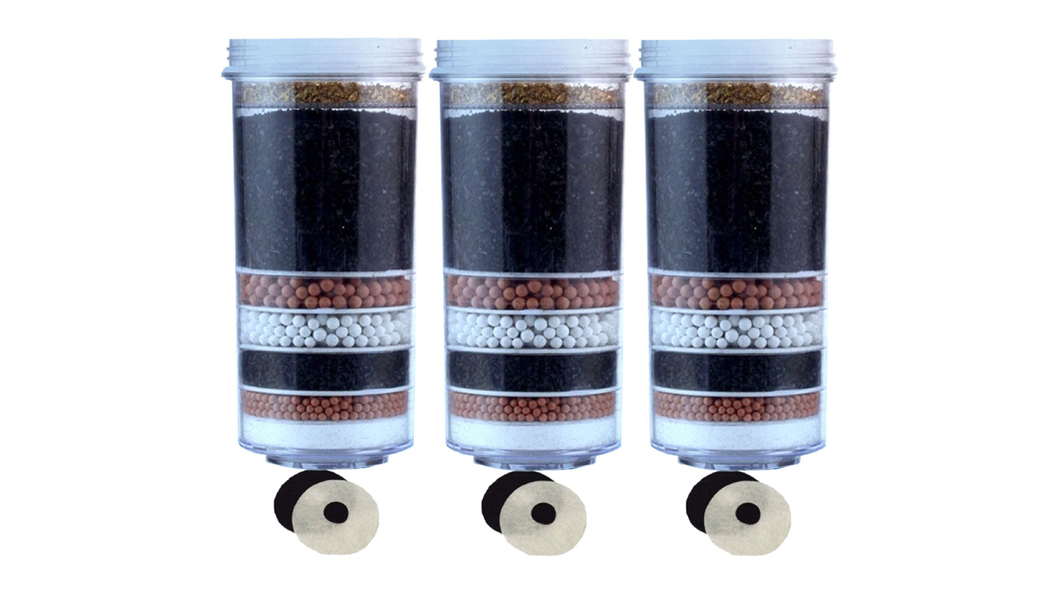 Three transparent cylindrical water filters with layered filtration materials inside