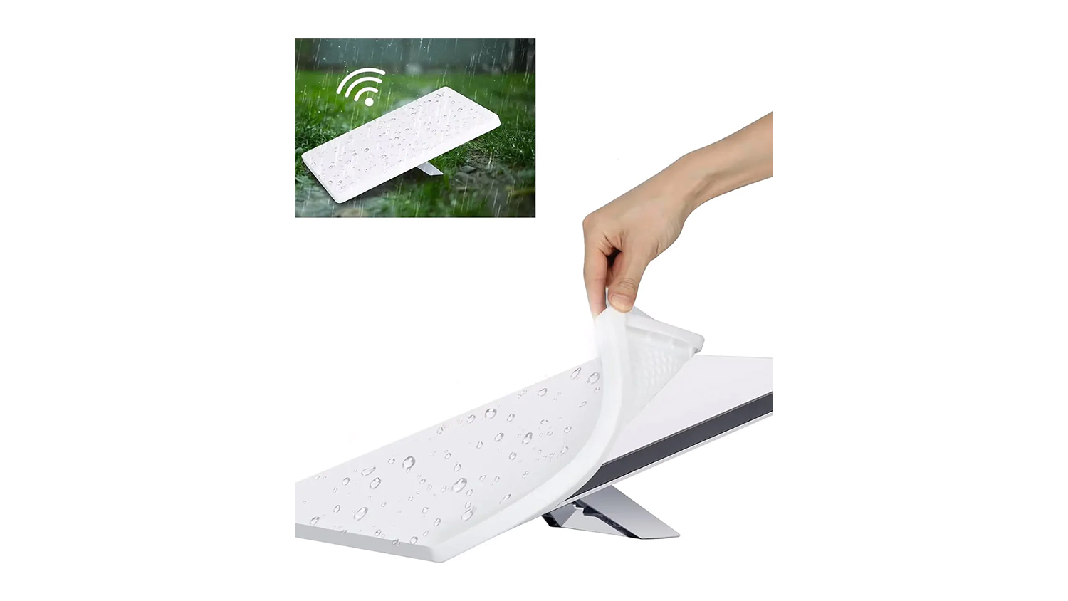 A white silicone covering a Starlink Mini against rain