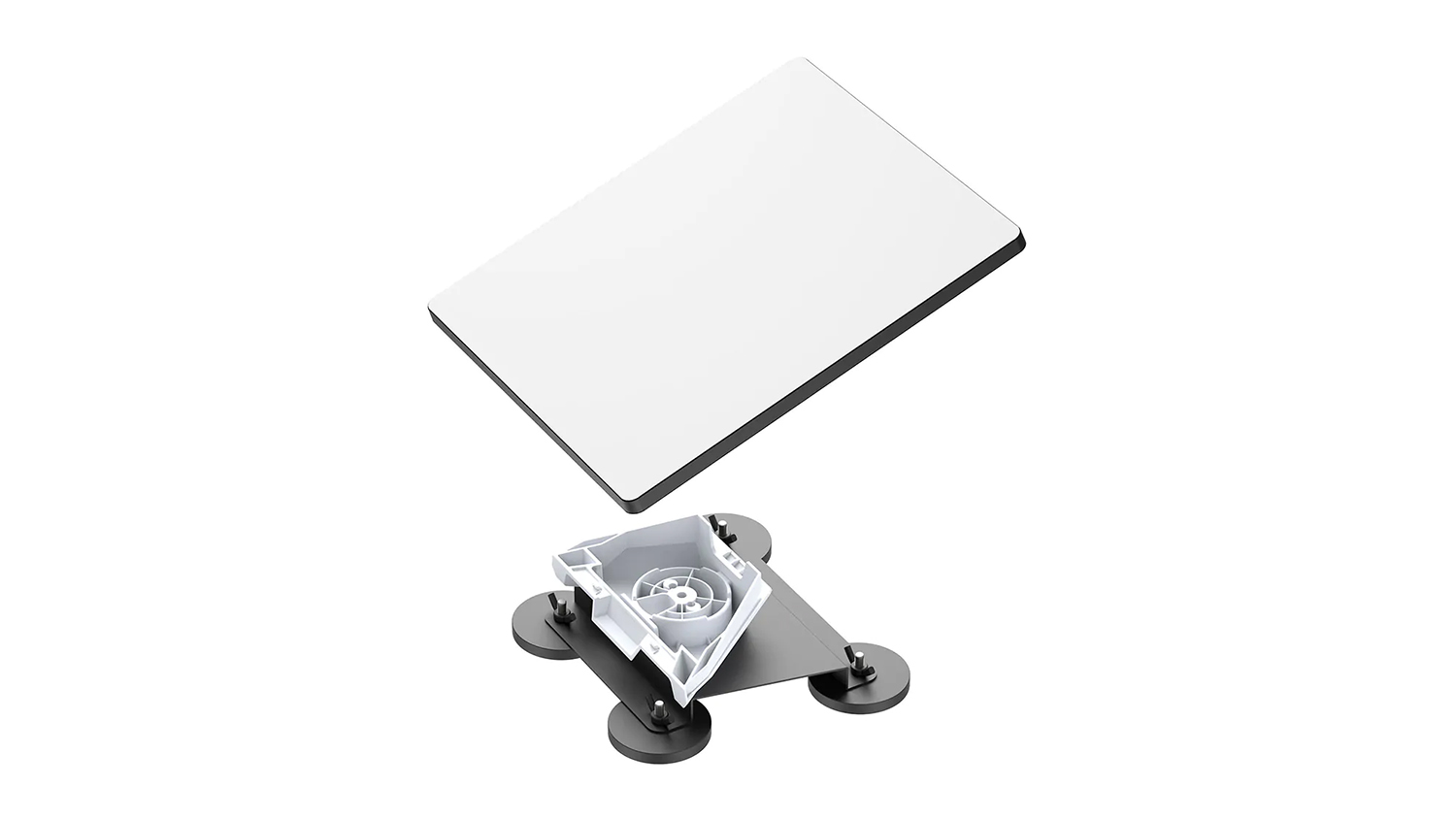 A white Starlink Mini dish and a black magnetic mount with circular feet