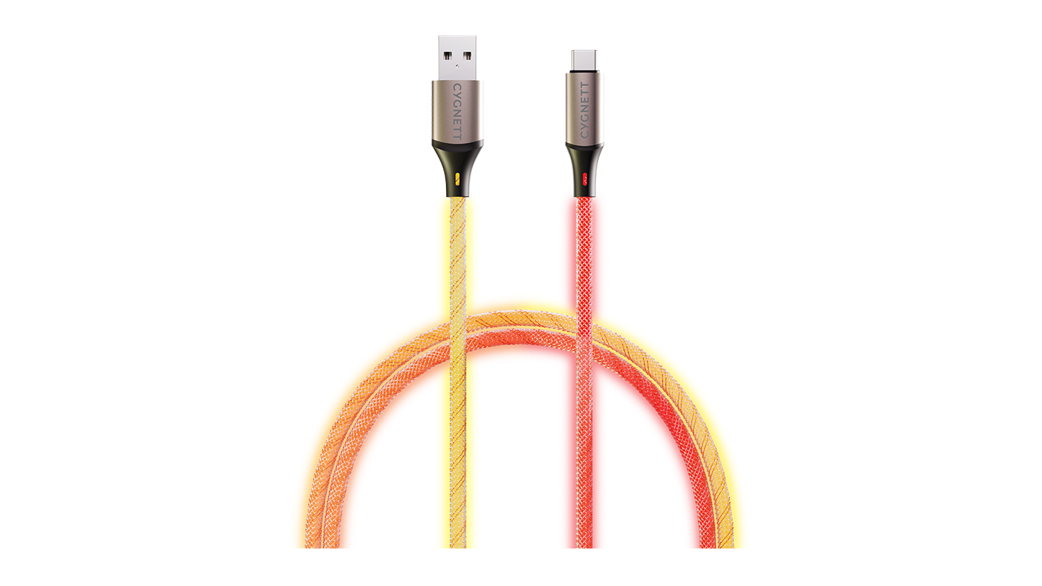 Close-up of the Cygnett Illuminate USB-C to USB-A Cable, glowing yellow and red