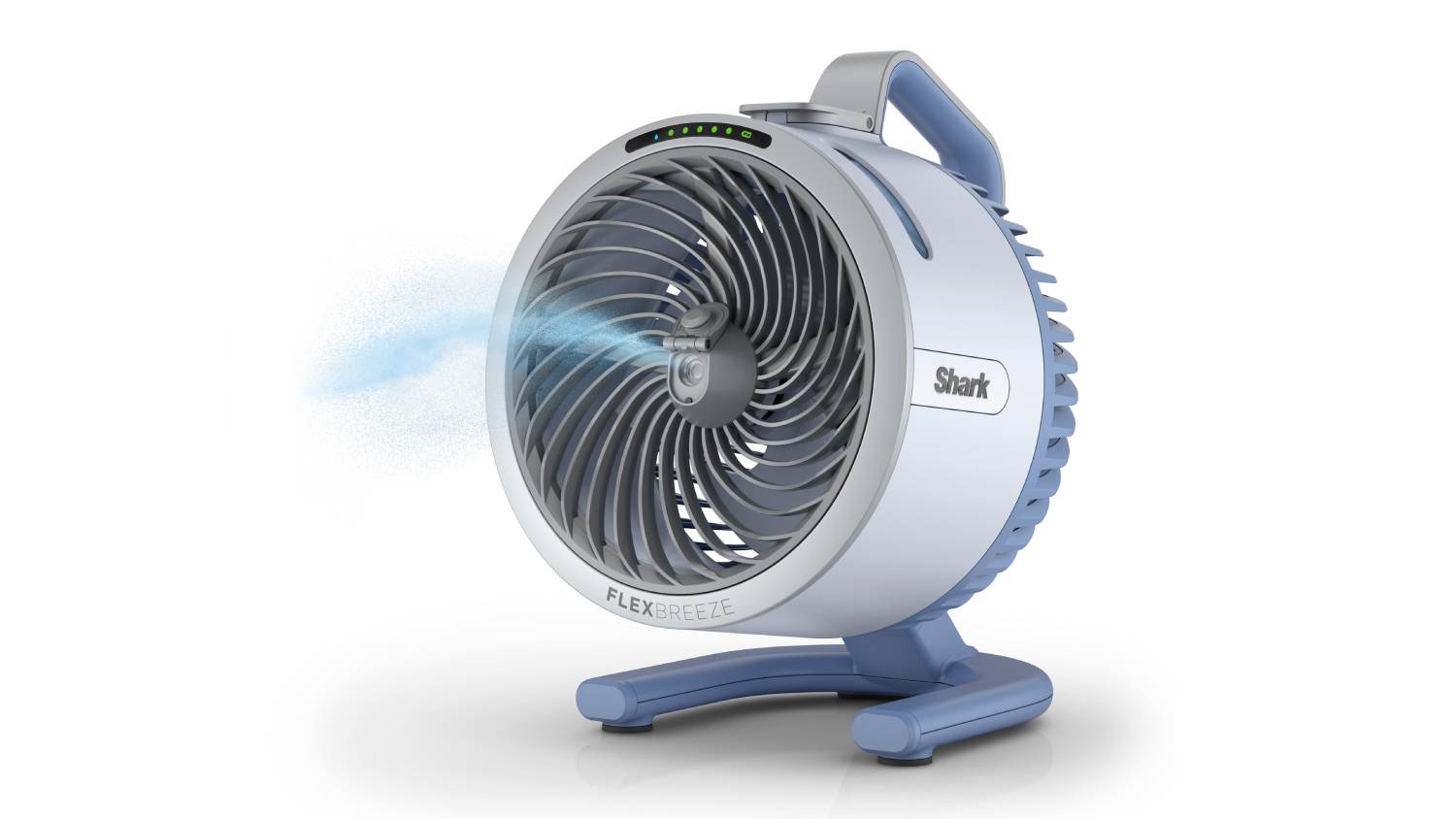 A portable fan with grey blades, blue airflow, and a carry handle  