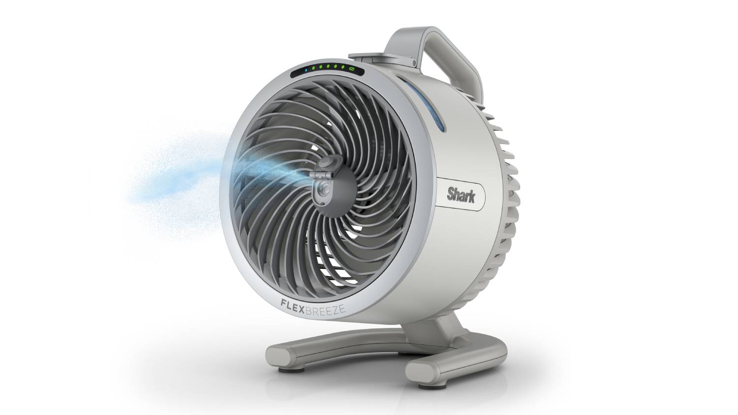 A portable fan featuring grey blades, airflow, and a carry handle
