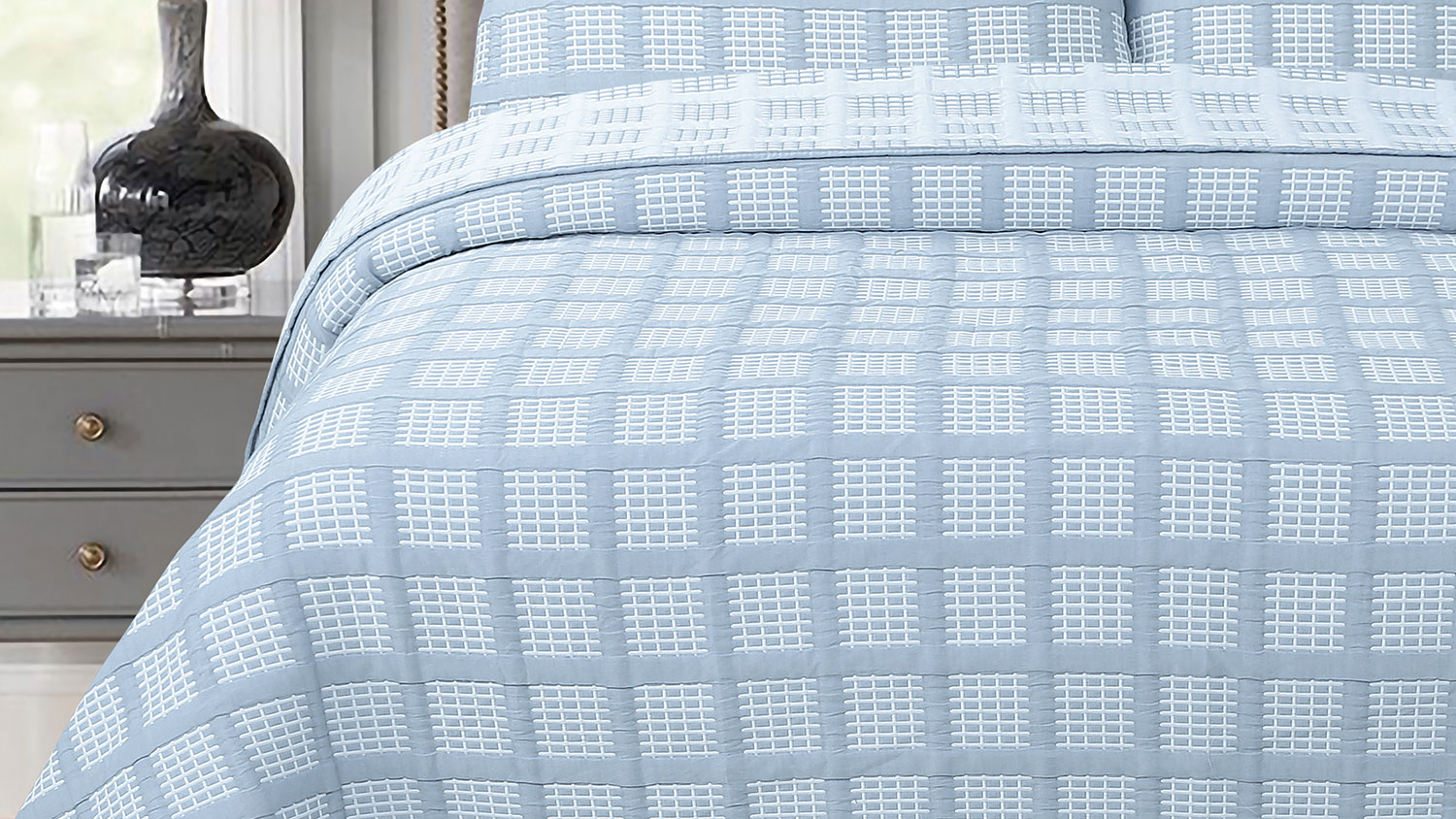Hampton Check Chambray Blue Coverlet Set