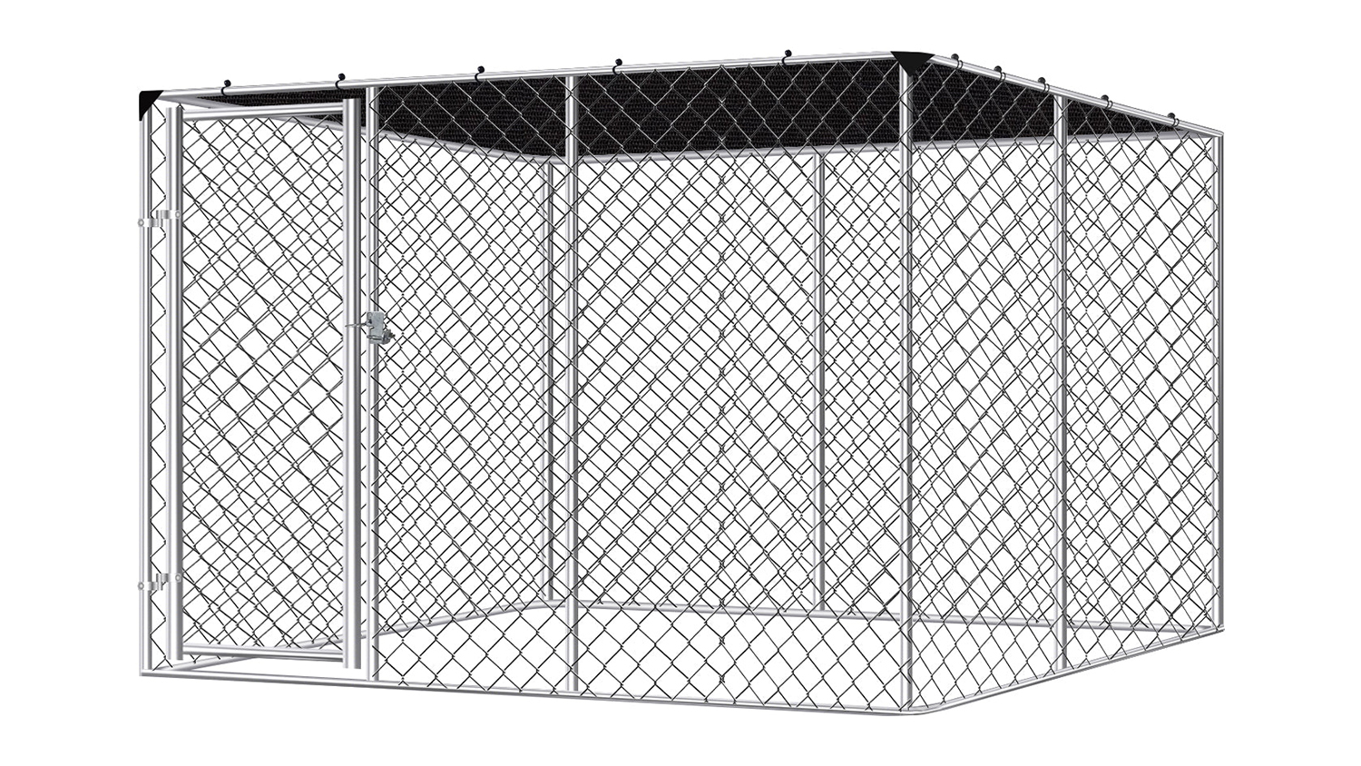 A dog run with a shade sail cover and a metal frame