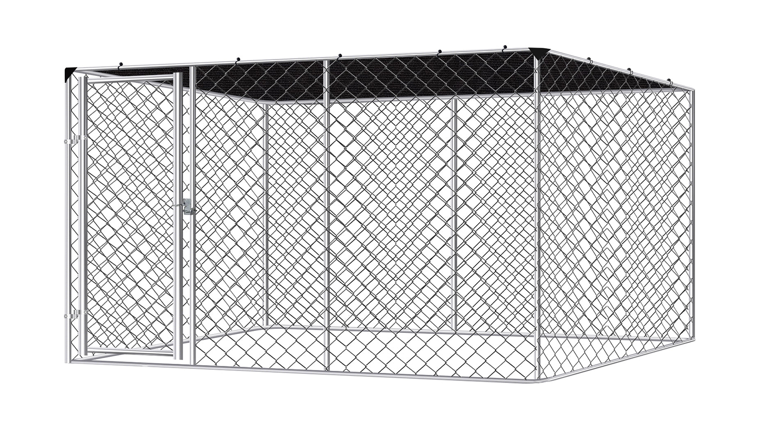 A dog run with a shade sail cover and a metal frame
