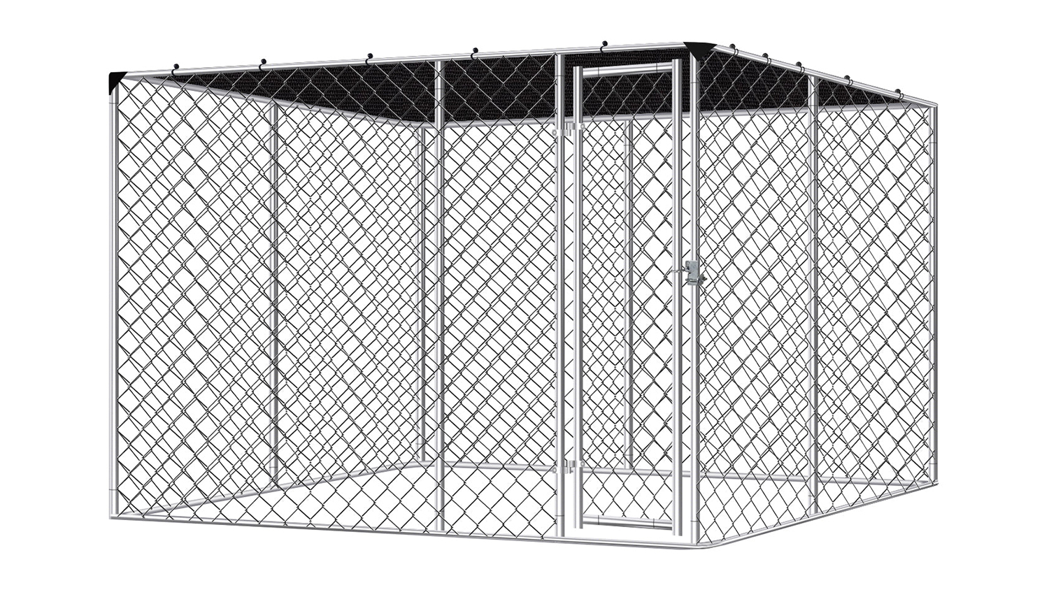 A dog run with a shade sail cover and a metal frame