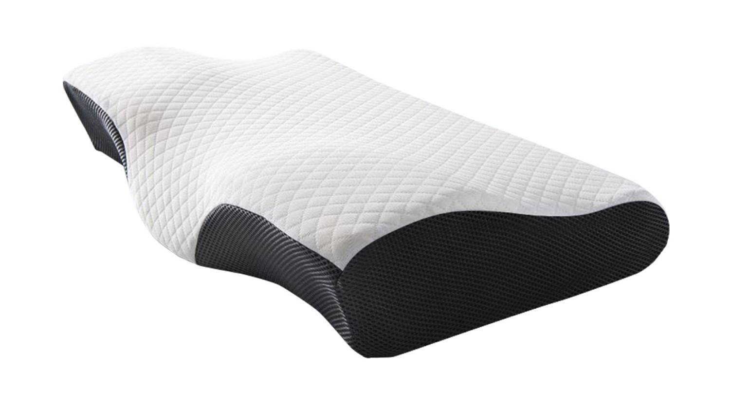 A memory foam pillow with a contoured design, a quilted white top, and black mesh