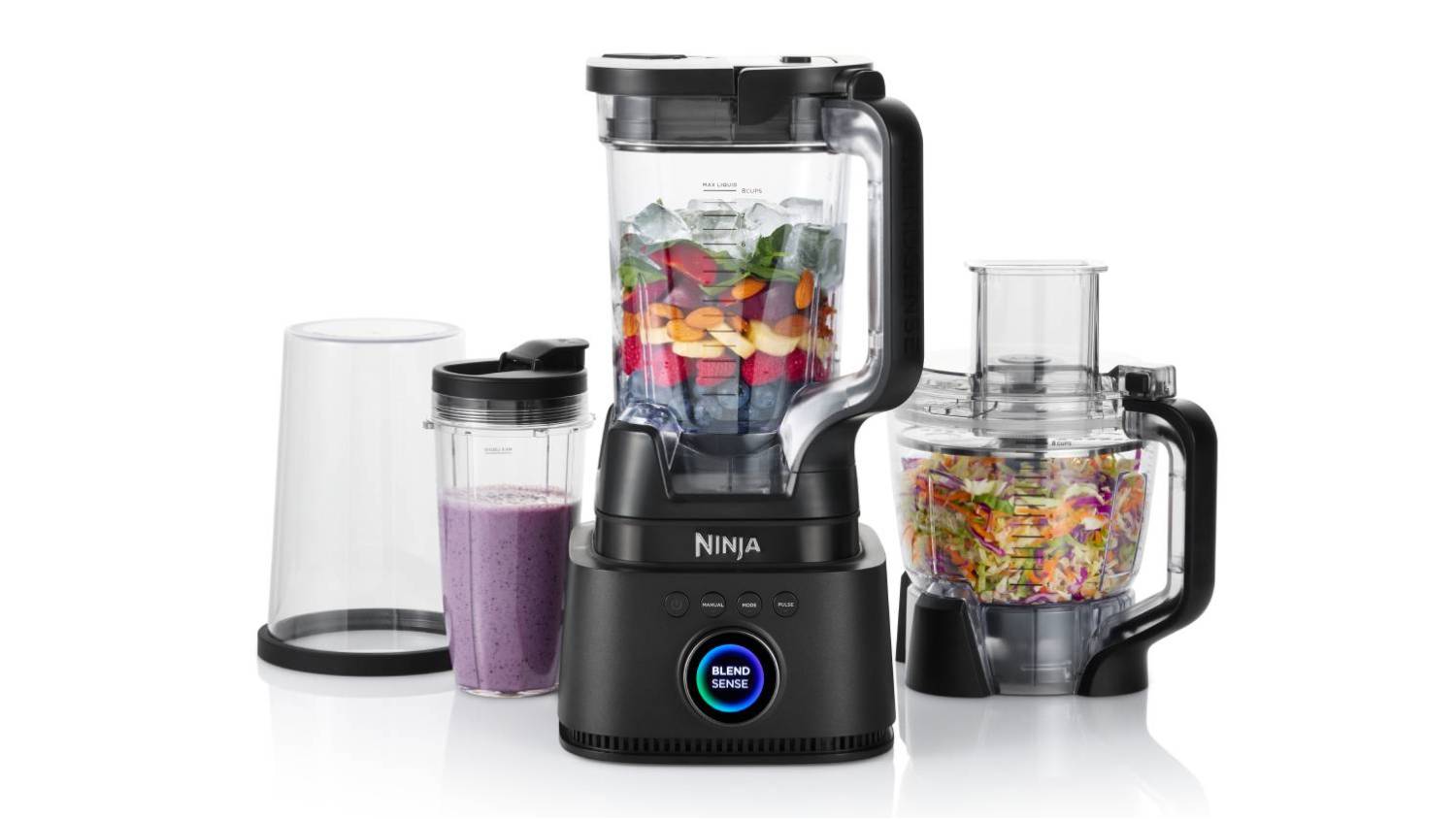 Ninja Stealth IQ Kitchen System with blender, food processor, and smoothie cup filled with fruits and vegetables
