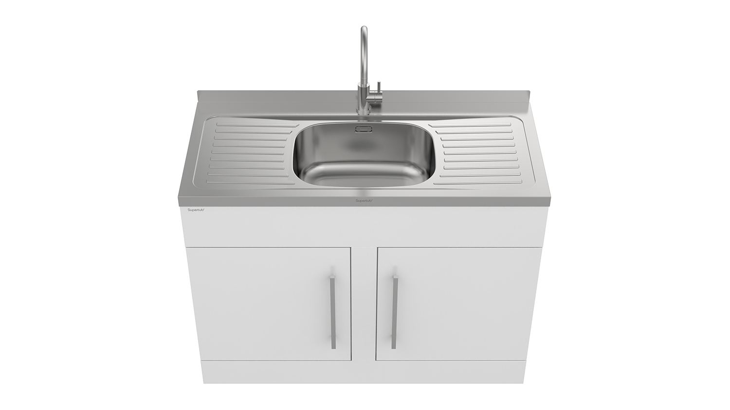 Top view of white Robinhood Wide Body Laundry Tub with stainless steel sink and drainer on cabinet with two doors