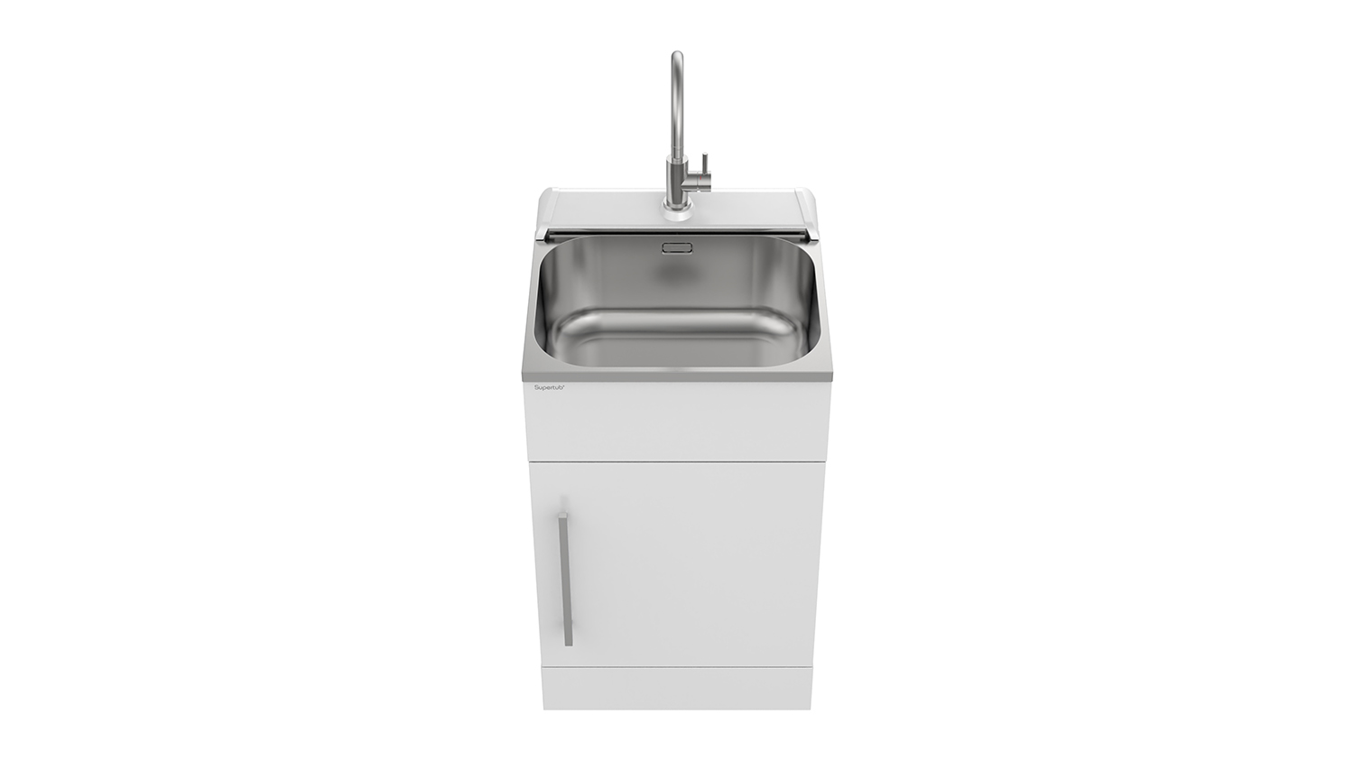 Top-down view of a white Robinhood Supertub Standard Laundry Tub with a stainless steel sink and faucet