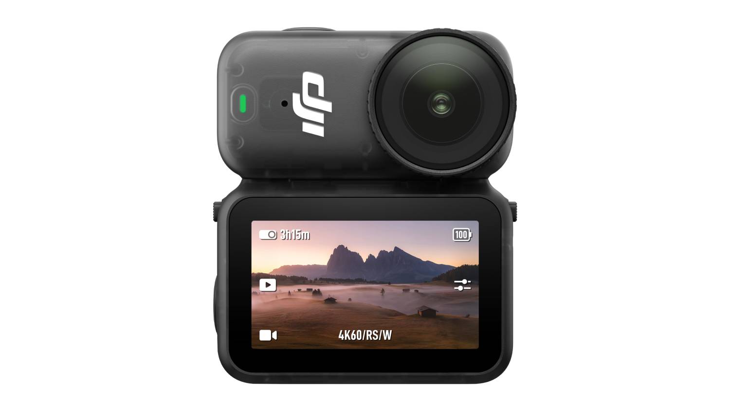 Front view of a black DJI Osmo Nano 4K 128GB action camera showing a landscape scene on the screen