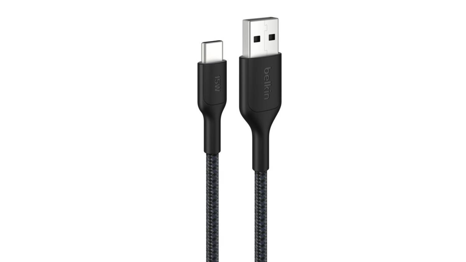 Close-up view of a black Belkin BoostCharge USB-A to USB-C braided PCR cable