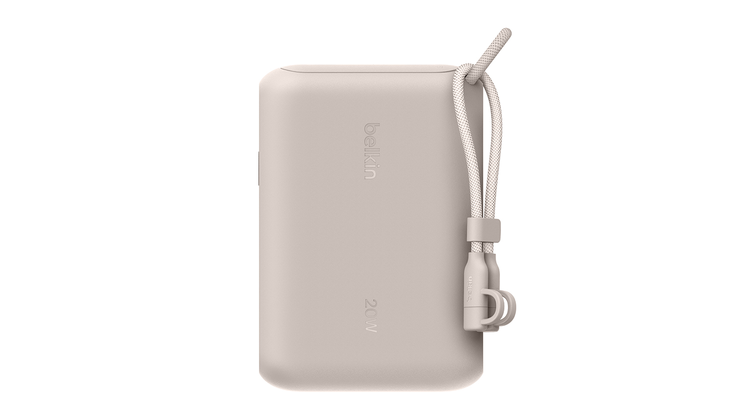 A front view of a Belkin BoostCharge 10,000mAh power bank with a USB-C cable