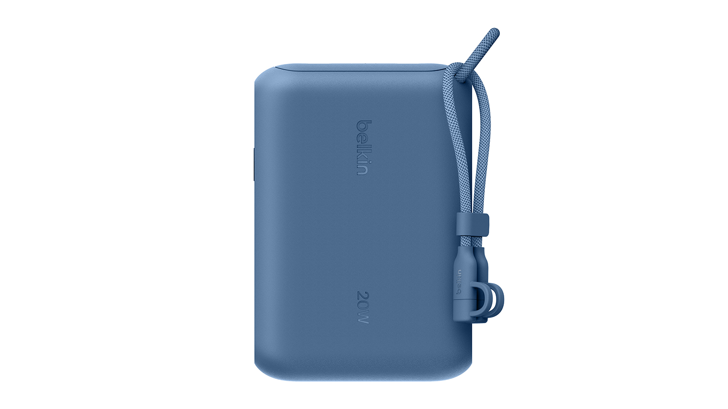 A front view of a Belkin BoostCharge 10,000mAh power bank with a USB-C cable