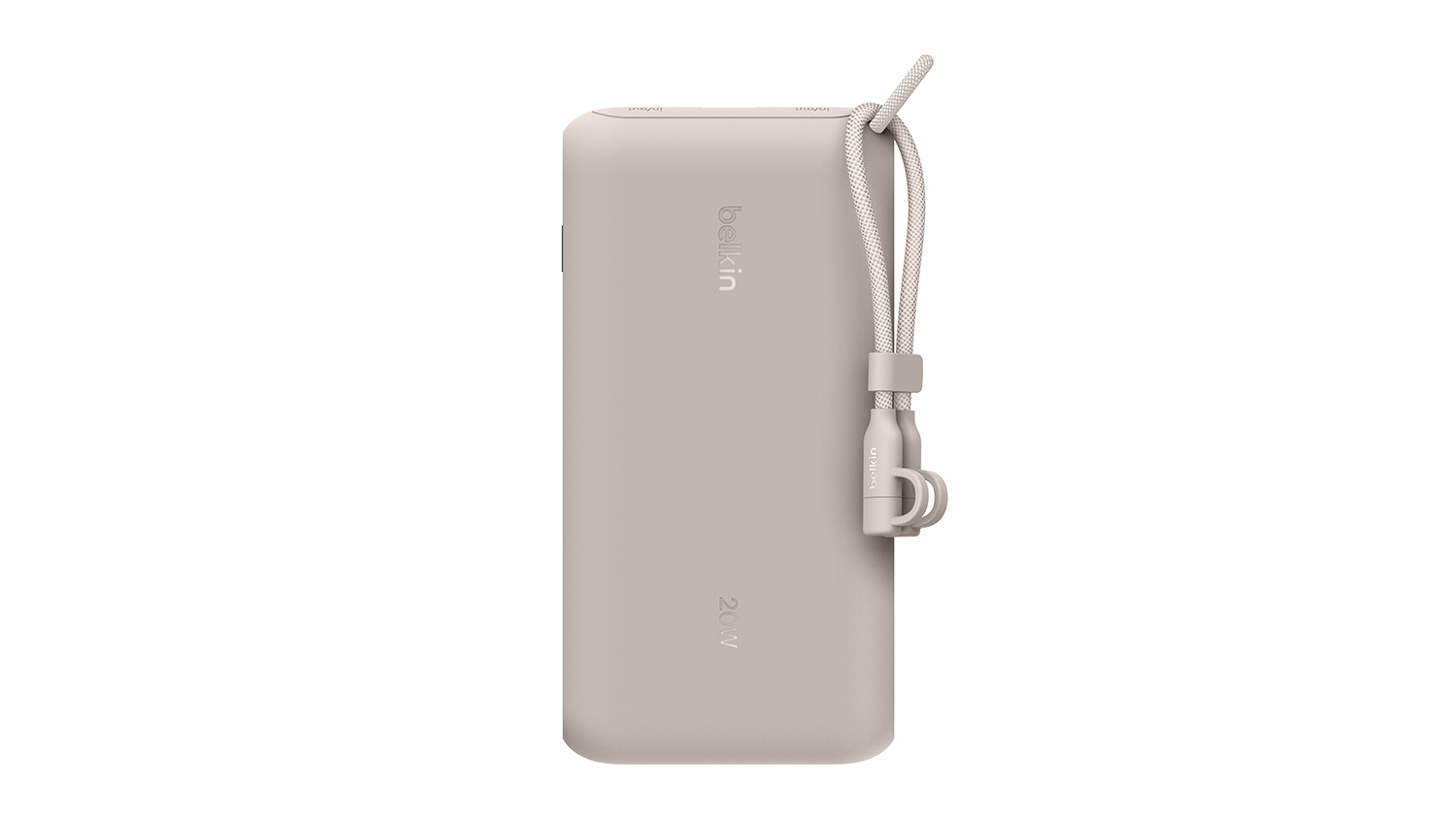 A front view of a Belkin BoostCharge 20,000mAh power bank with a USB-C cable