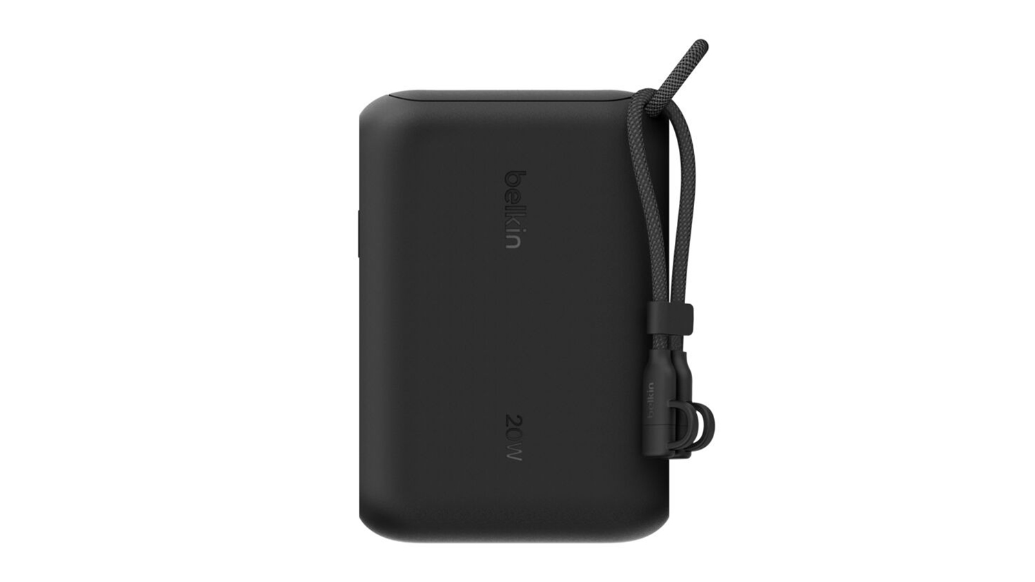 A front view of a Belkin BoostCharge 10,000mAh power bank with a USB-C cable