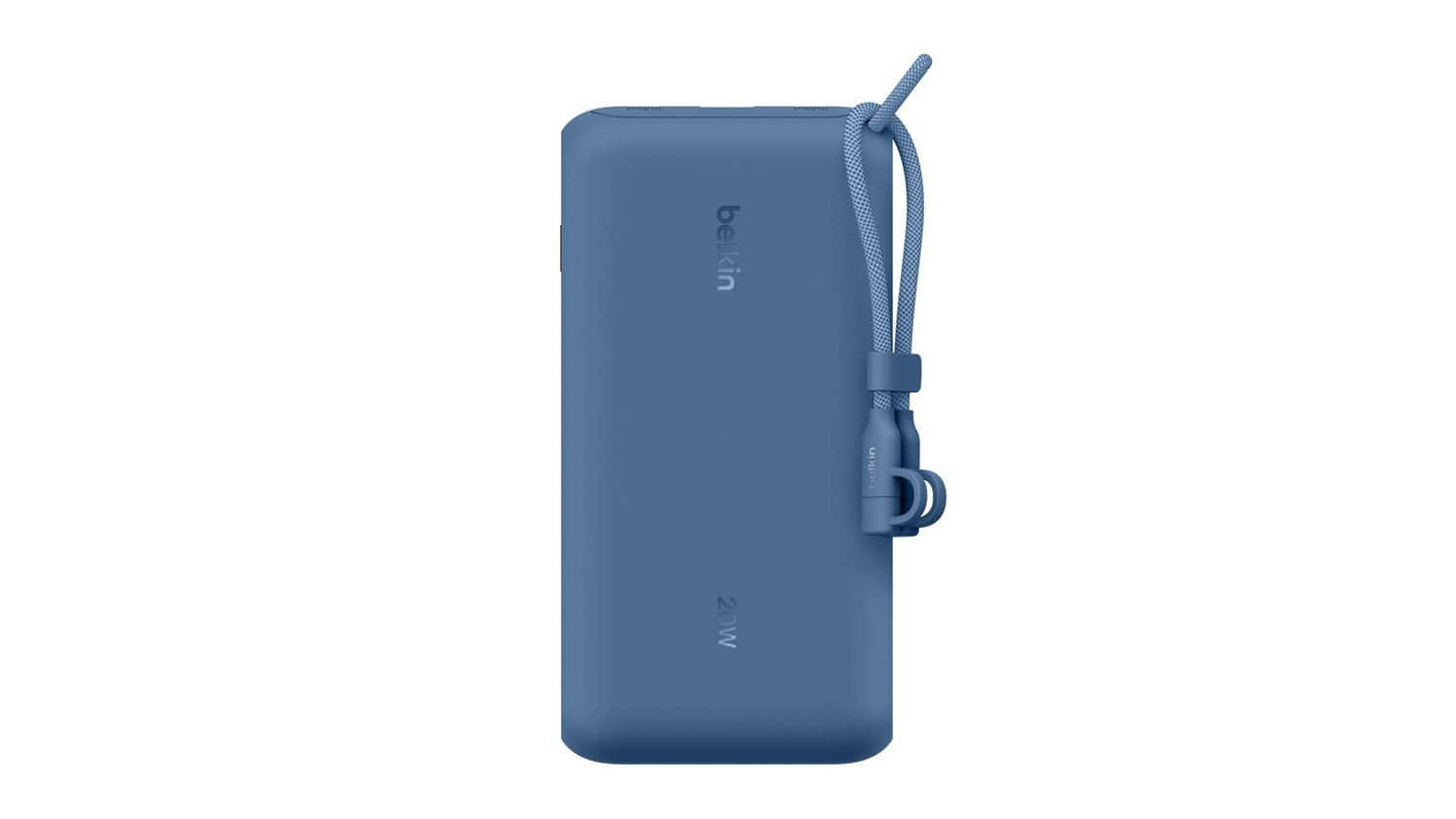 A front view of a Belkin BoostCharge 20,000mAh power bank with a USB-C cable