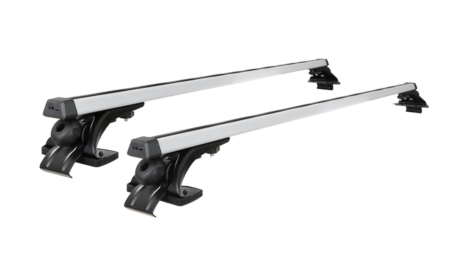 Two black roof racks placed side by side on a white background   