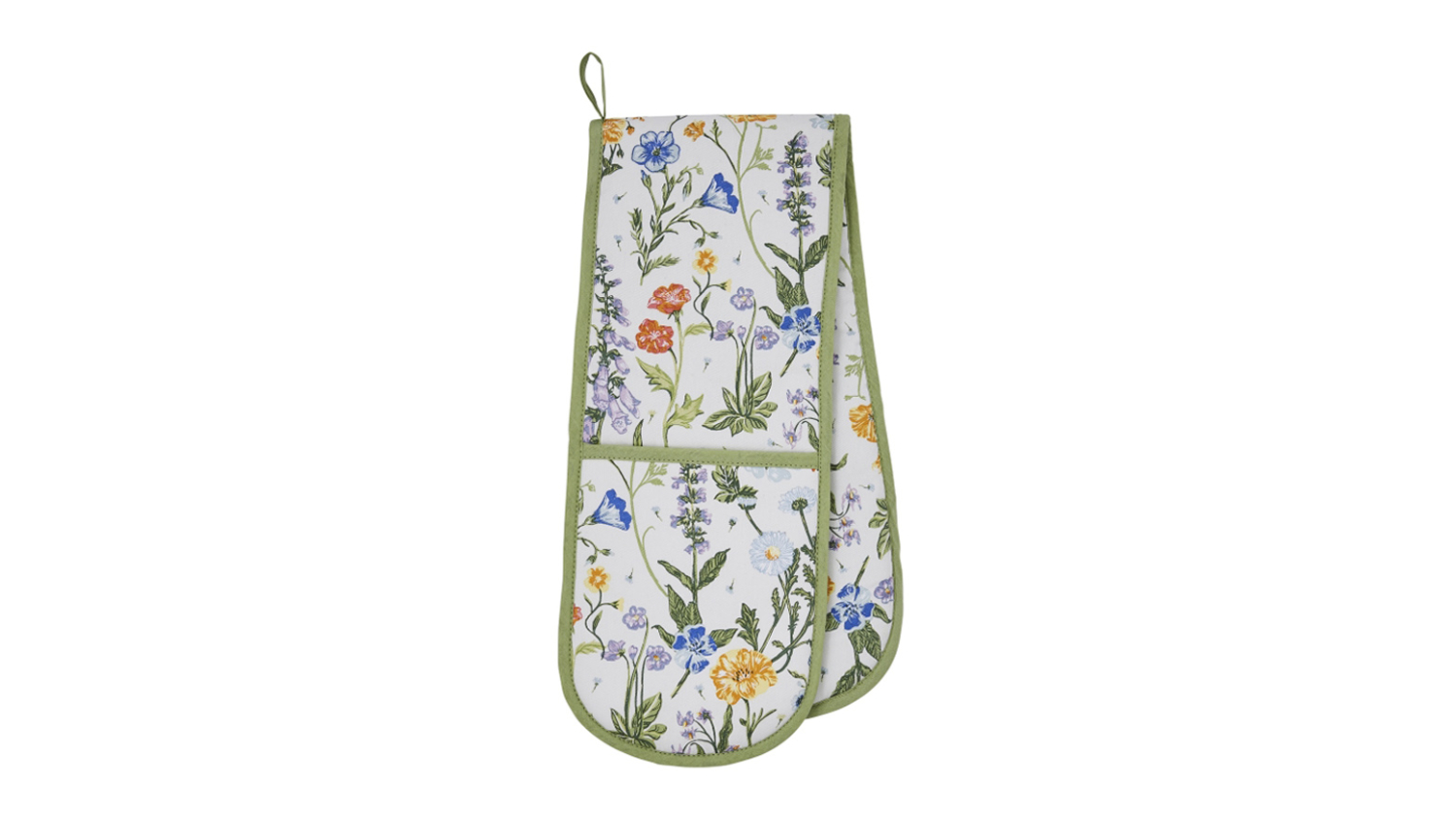 A floral double oven glove with green trim and a hanging loop