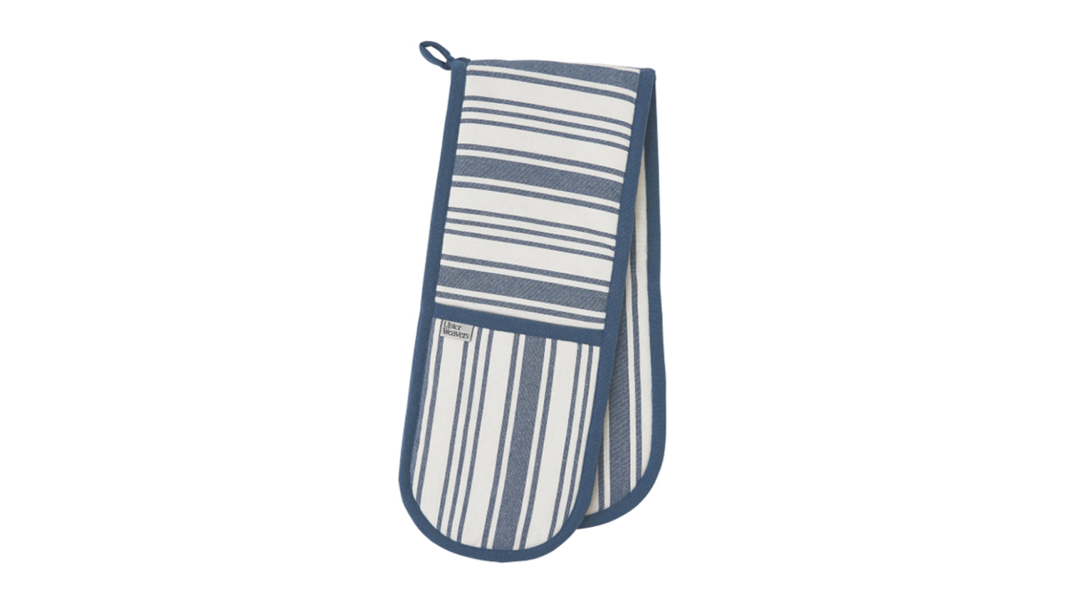 Blue and white striped oven mitts with a hanging loop
