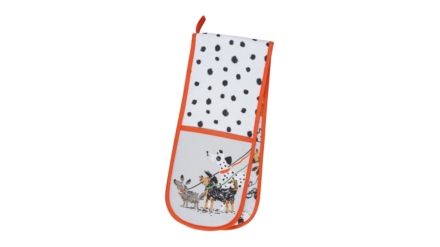 An oven glove with orange trim, black polka dots, and animal illustrations 