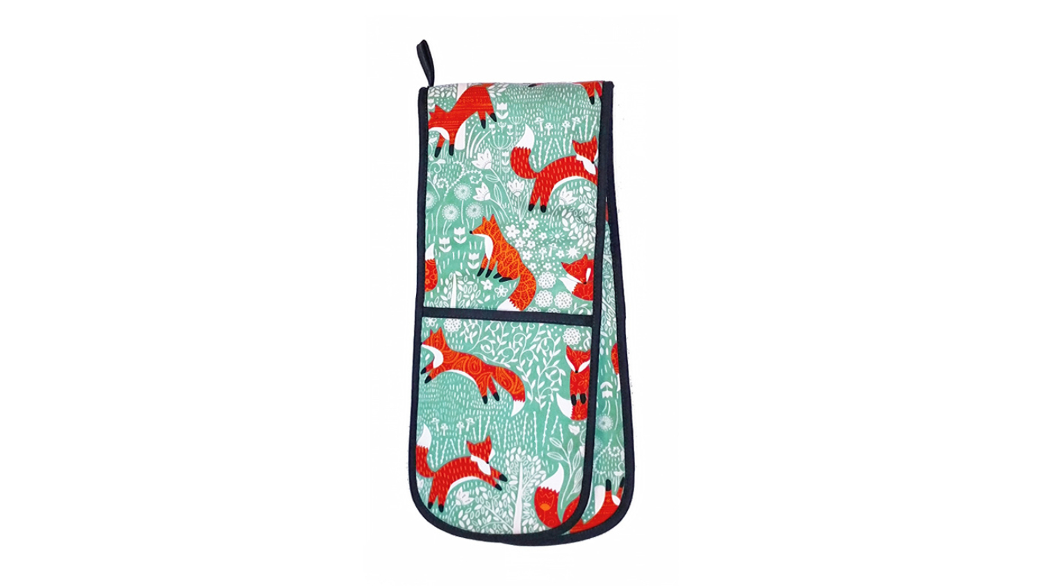 A teal oven mitt with red foxes, white flowers, and black trim