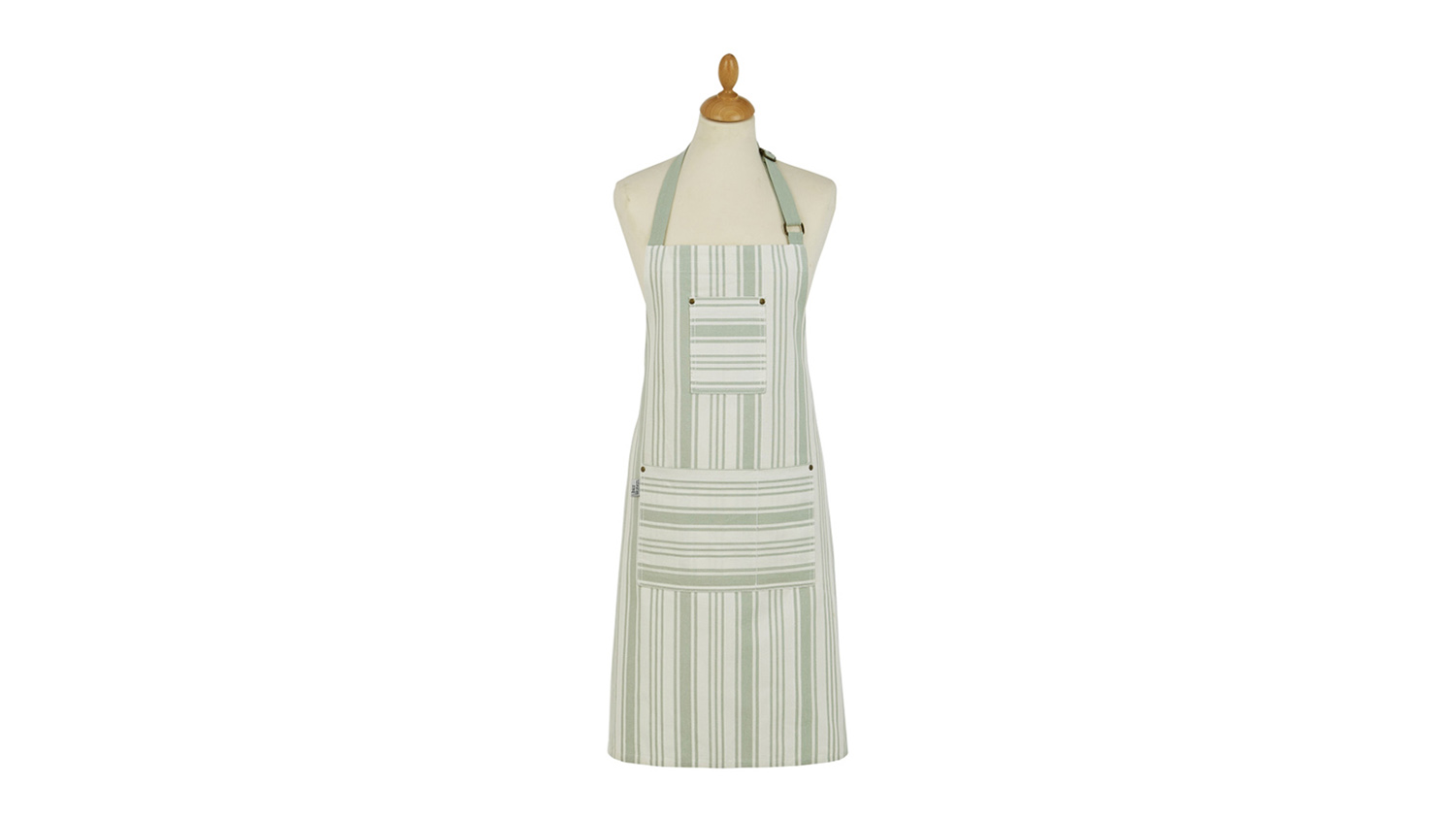 A mannequin is dressed in an Ulster Weavers Sage Stripe Cotton Apron