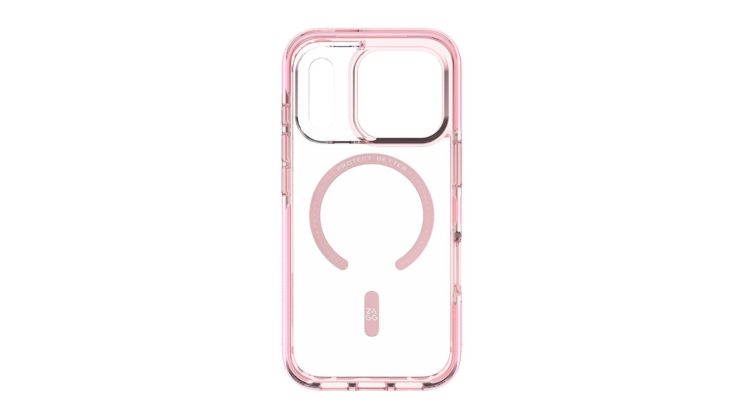 A clear pink phone case with a MagSafe ring and ZAGG logo