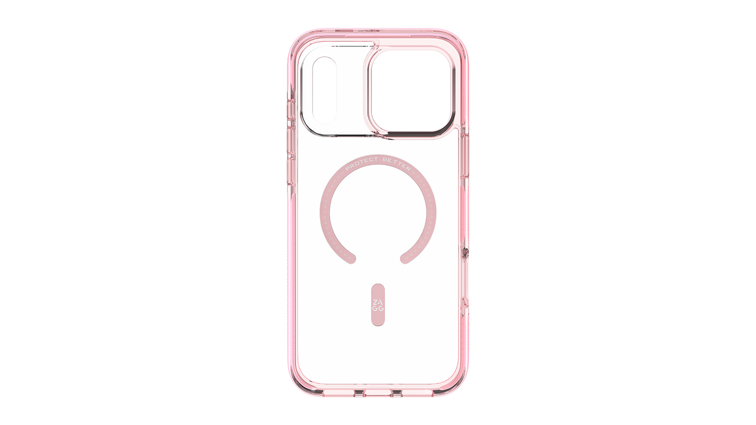 A clear pink phone case with a MagSafe ring and ZAGG logo
