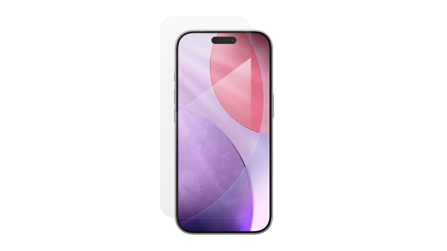 Smartphone with a fully applied screen protector, showing a vibrant pink and purple wallpaper