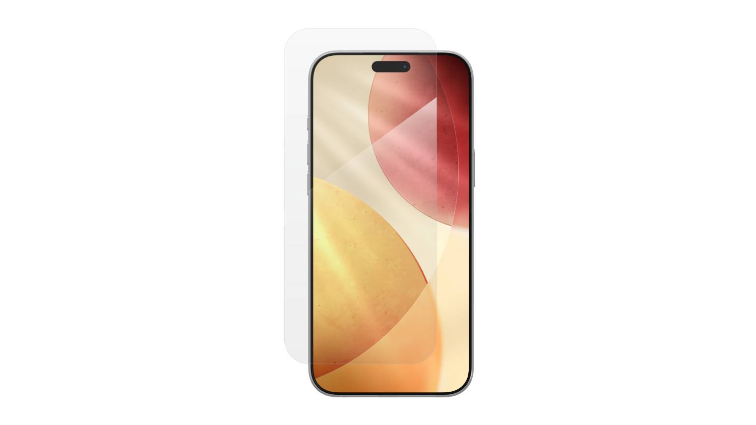 Smartphone with a fully applied screen protector, showing a vibrant red and orange wallpaper