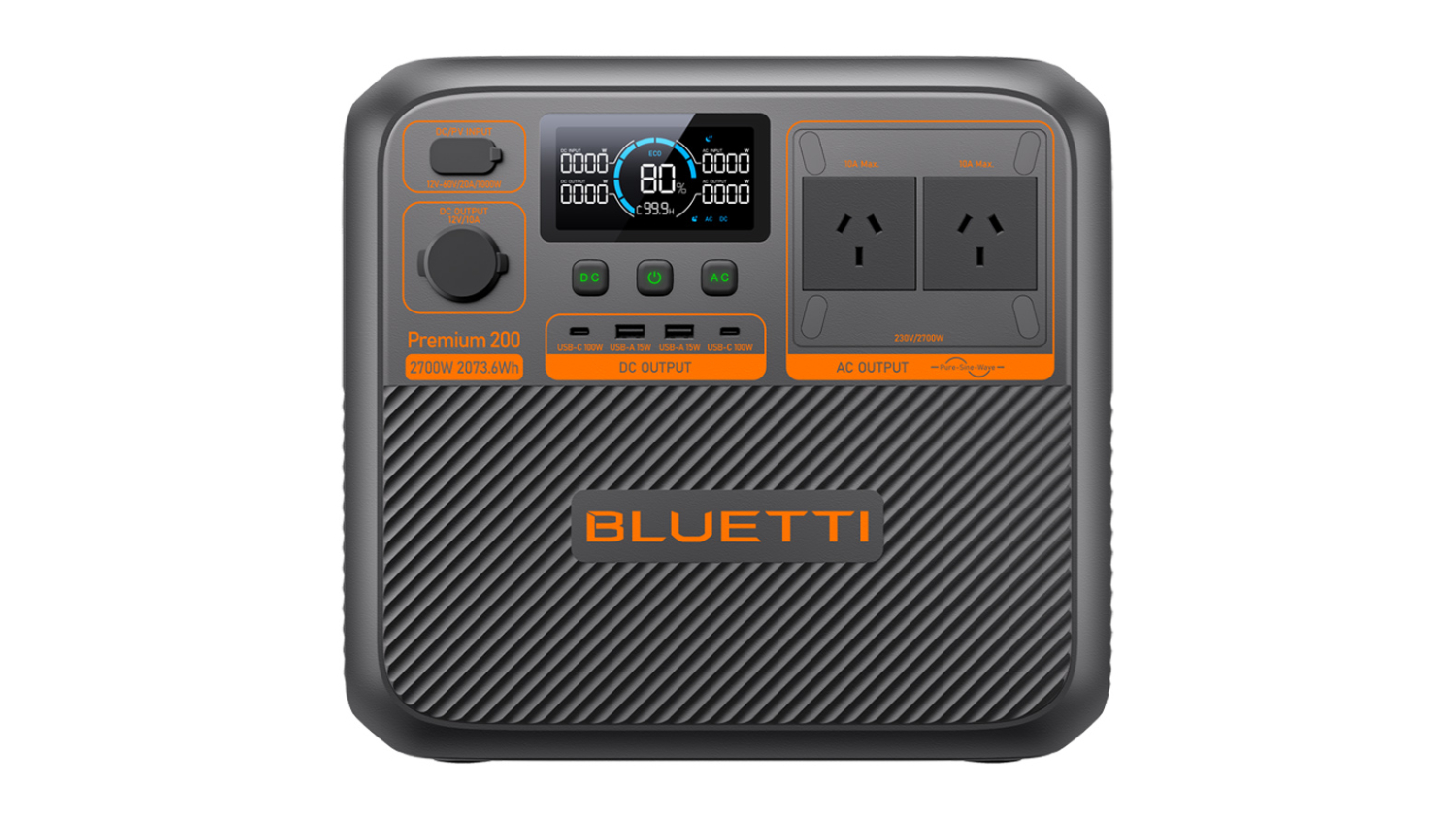 Front view of BLUETTI power station showing display screen and multiple ports 