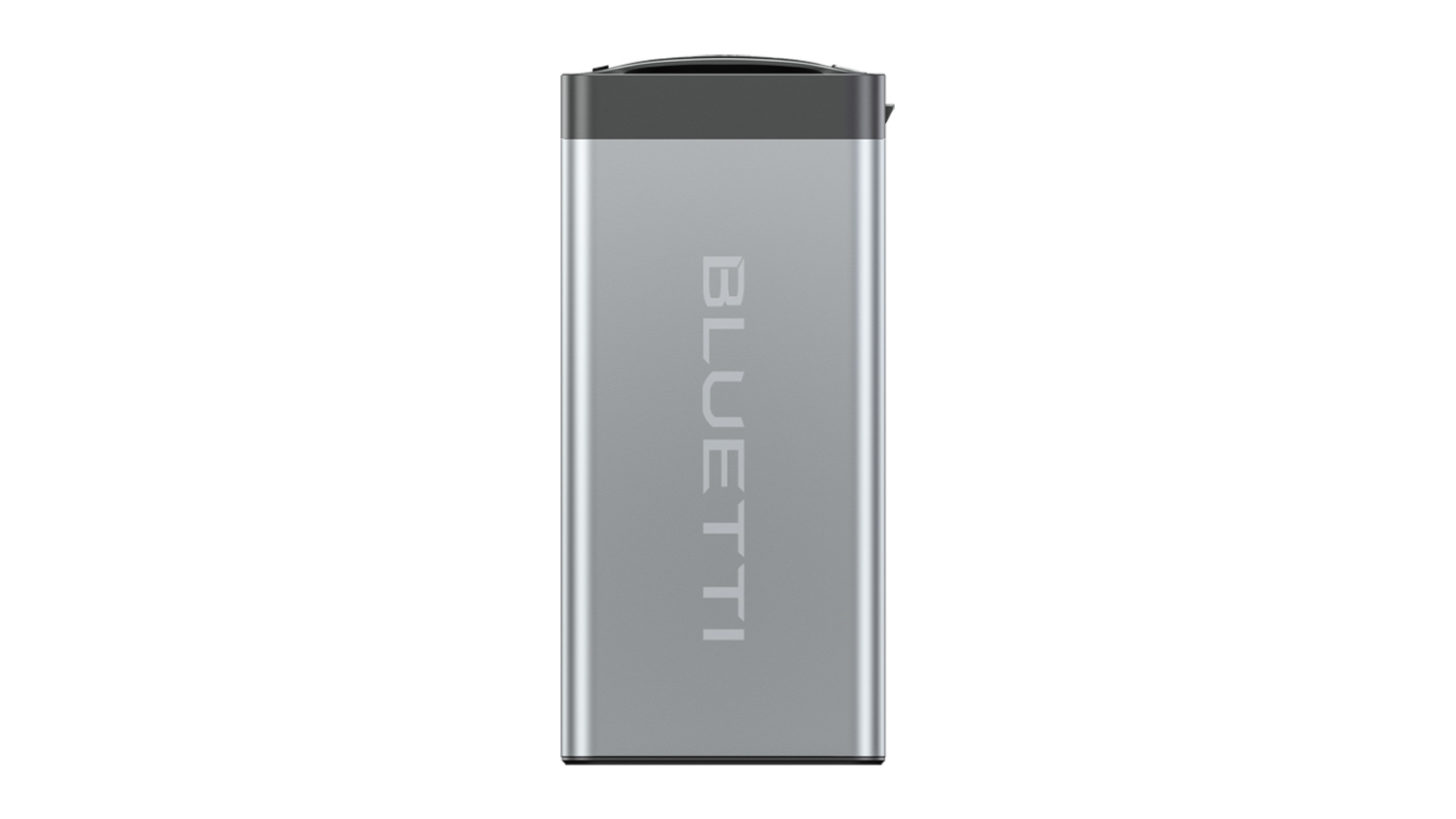 Silver rectangular BLUETTI modular battery pack with brand name printed vertically in the centre