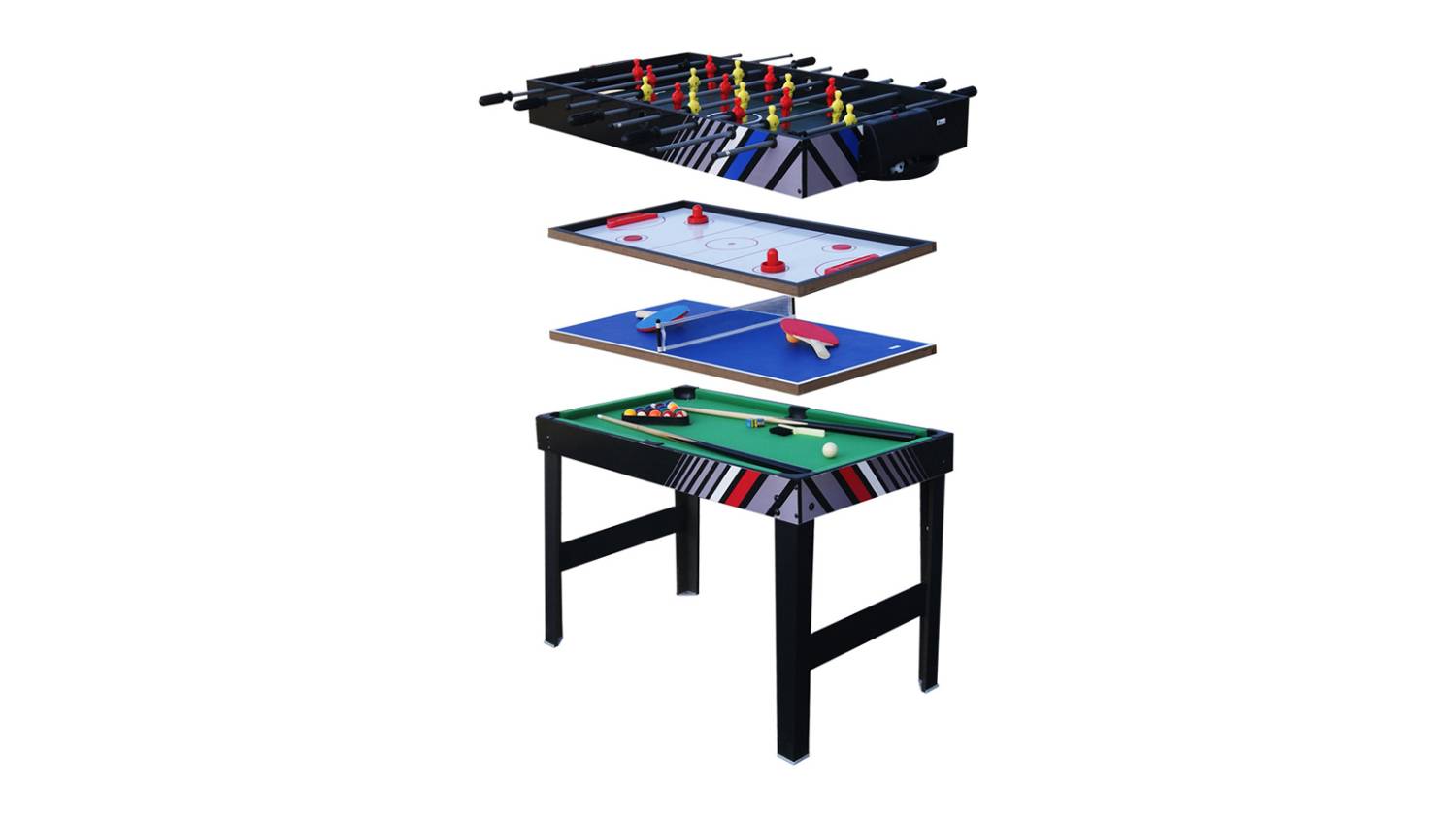 An expanded multi-function game table showcasing the foosball, air hockey, table tennis, and a billiards   A 4-in-1 fo