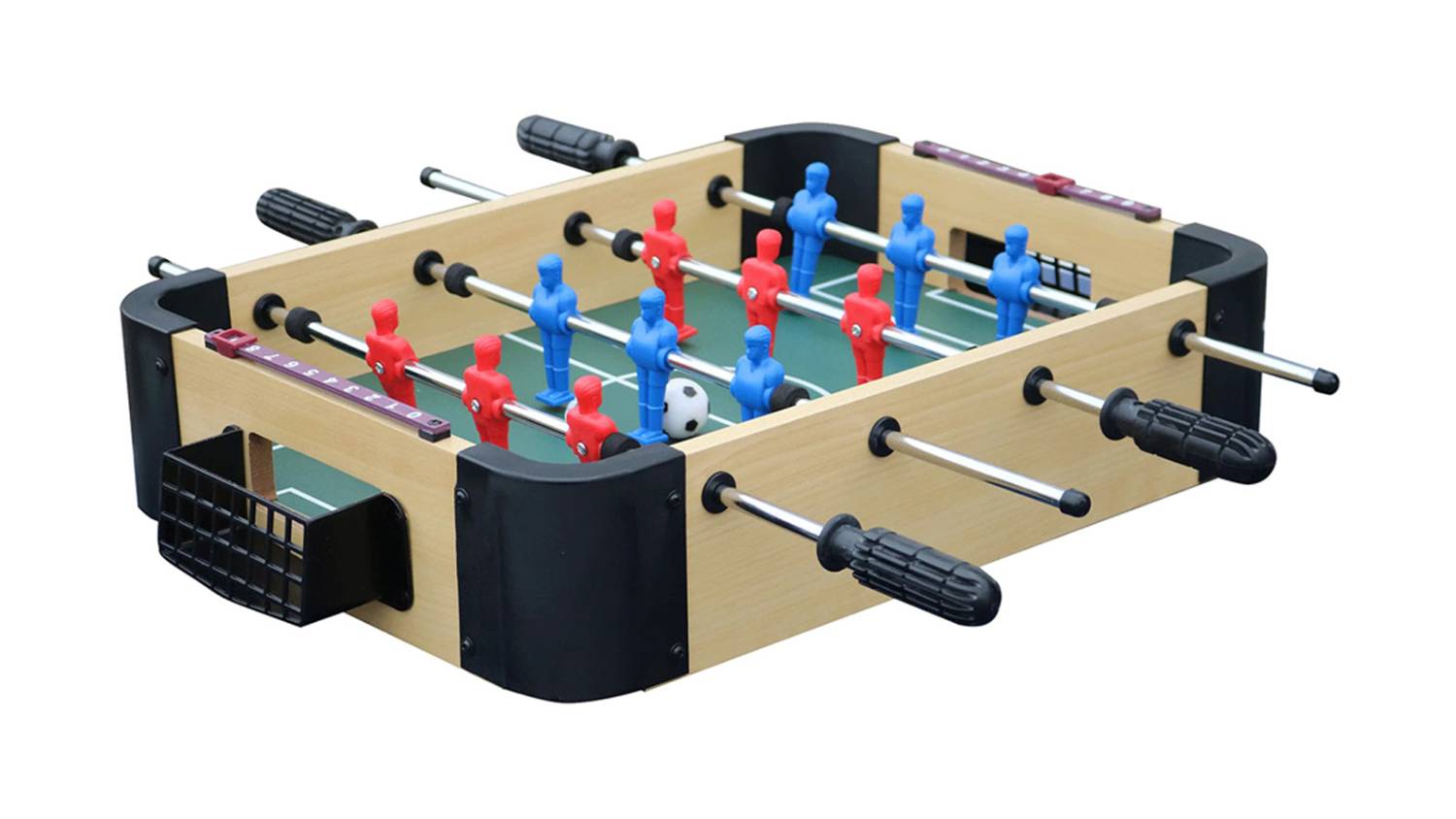 Side view of a mini foosball table with scoring sliders