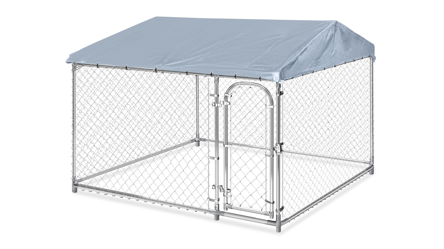 A dog run with a roof and a metal frame