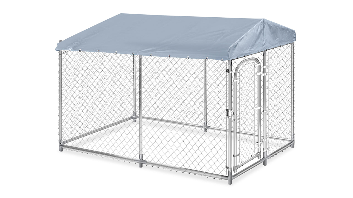 A dog run with a roof and a metal frame