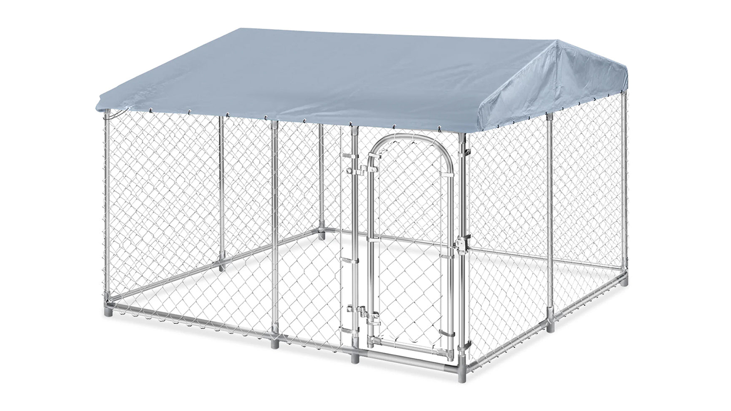 A dog run with a roof and a metal frame